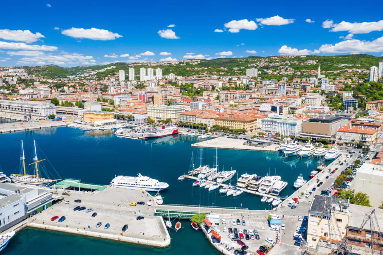 Croatia, city of Rijeka, aerial panoramic view of marina and harbor from drone