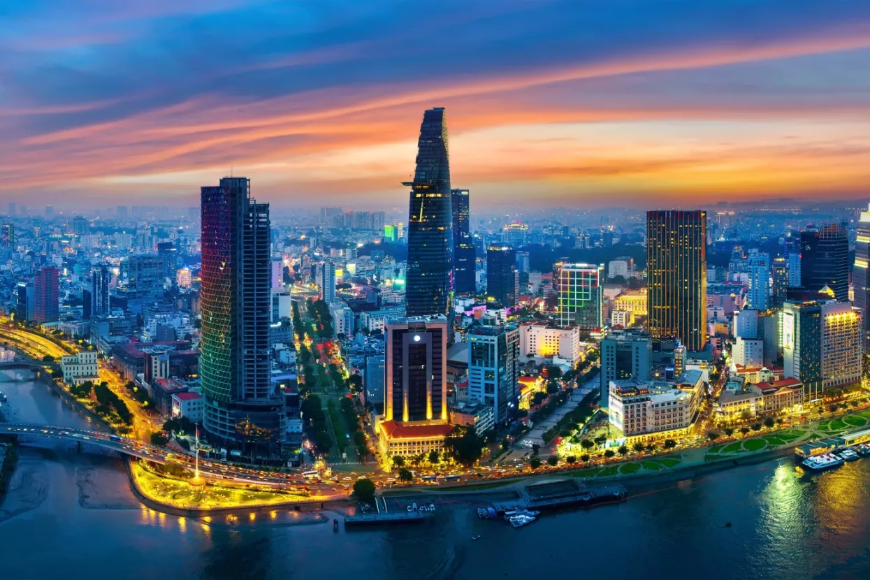 Panoramic of Ho chi minh city or Saigon city at twilight in Vietnam.