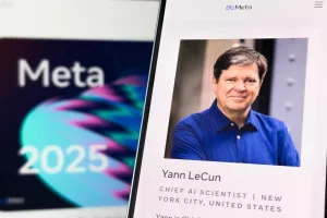 Horana, sri lanka - November 26th, 2025 - A close-up editorial photograph of a smartphone screen displaying the profile of Yann LeCun, Chief AI Scientist at Meta, set against a blurred monitor