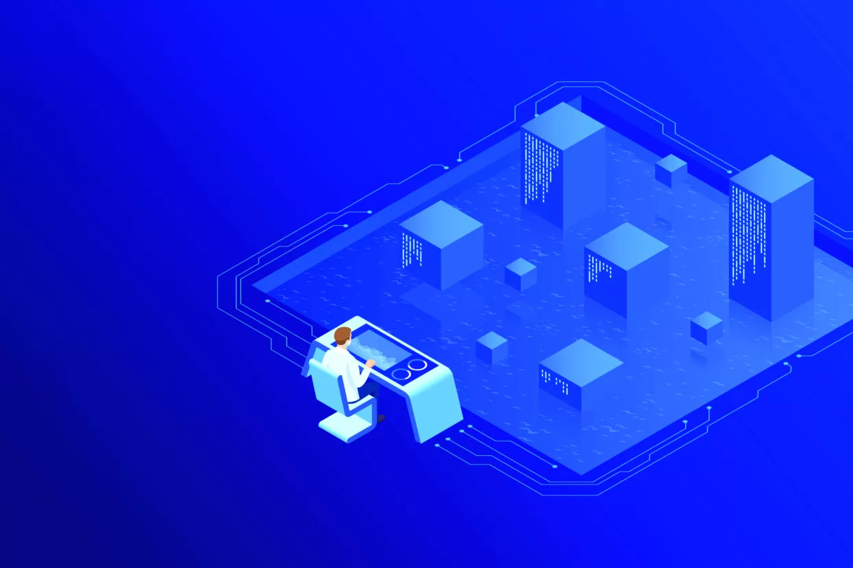 Isometric server room in datacenter. Administrator Monitors Work of Artificial Intelligence. Professional IT Engineers Working in System Control Center