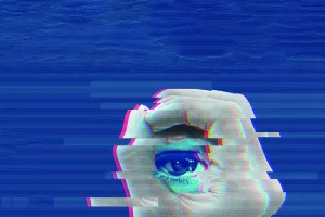 Distorted glitch digital collage of close-up of an eye framed by a hand, symbolizing surveillance. Big brother is watching banner.
