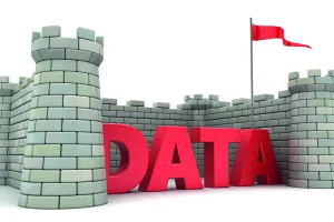 3d illustration of fortress around data sign, information safety concept