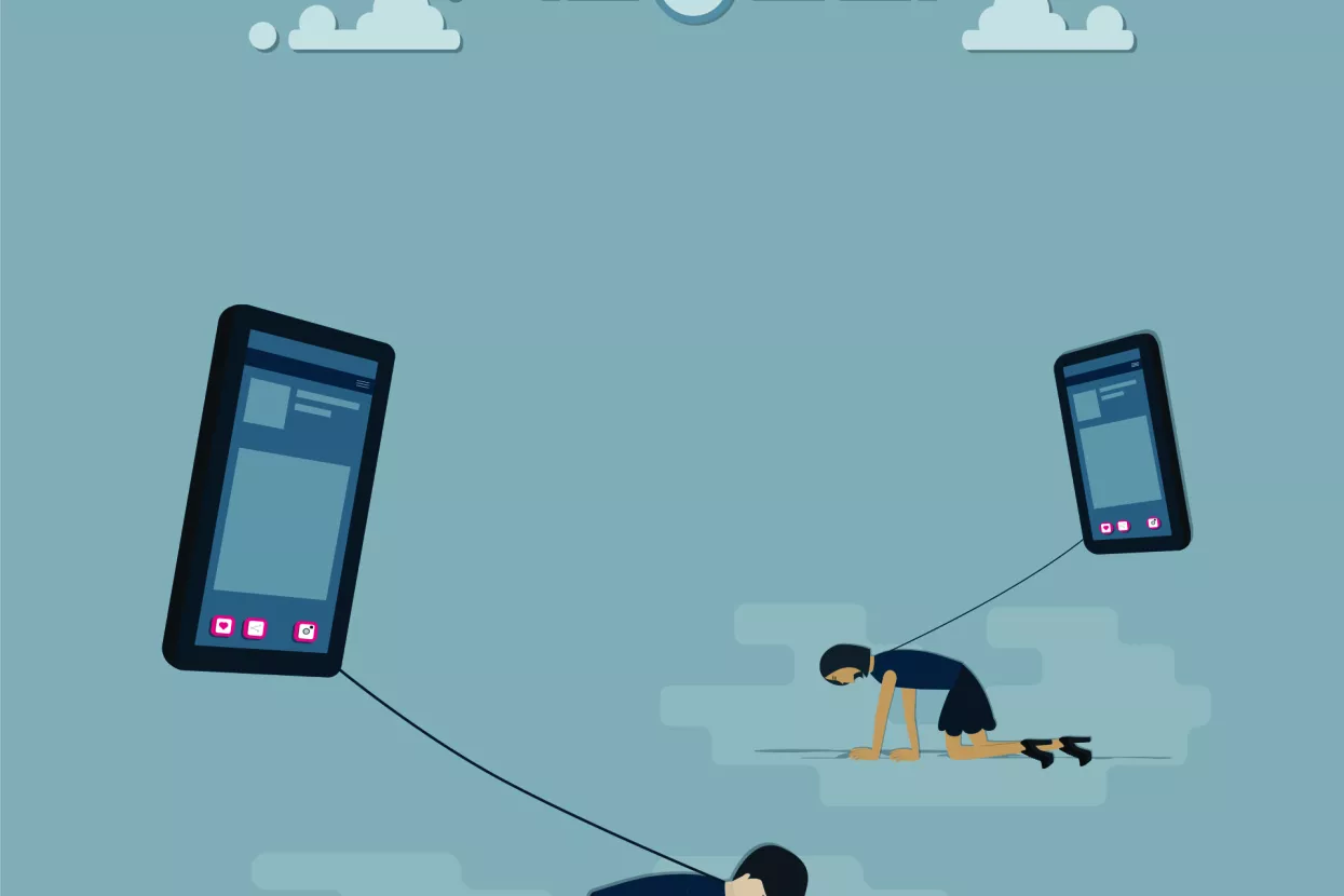 Flat of technology,The big smartphone with social platform over the human and forcing with a rope,social platform are in every activity and every time - Vector.