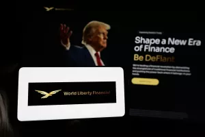 Stuttgart, Germany - 10-22-2024Person holding smartphone with logo of US crypto company World Liberty Financial Inc. on screen in front of website. Focus on phone display. Unmodified photo.