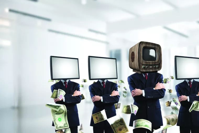 Businessmen in suits with old TV instead of their heads keeping arms crossed while standing in a row and one at the head with TV inside office building.