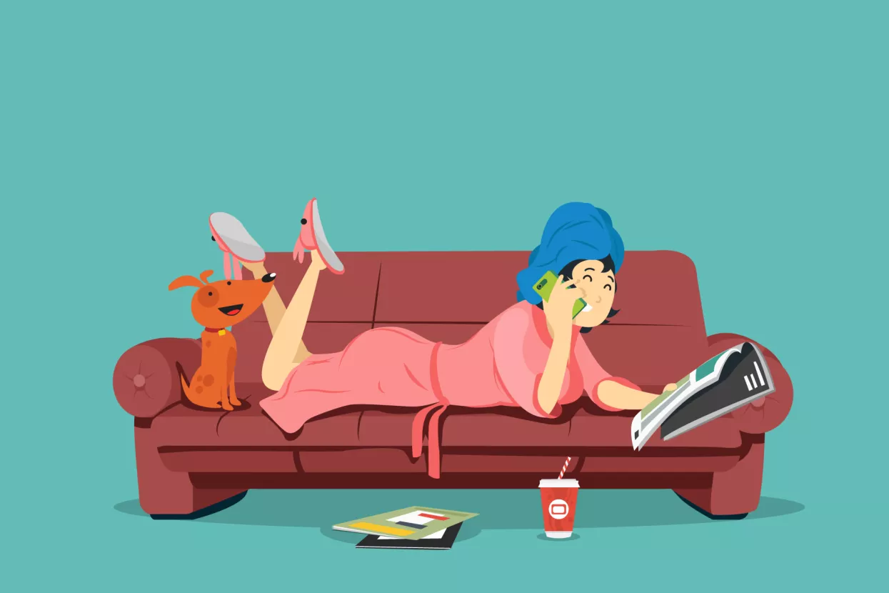 Girl reading a magazine on the couch. Vector illustration.