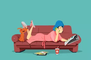 Girl reading a magazine on the couch. Vector illustration.
